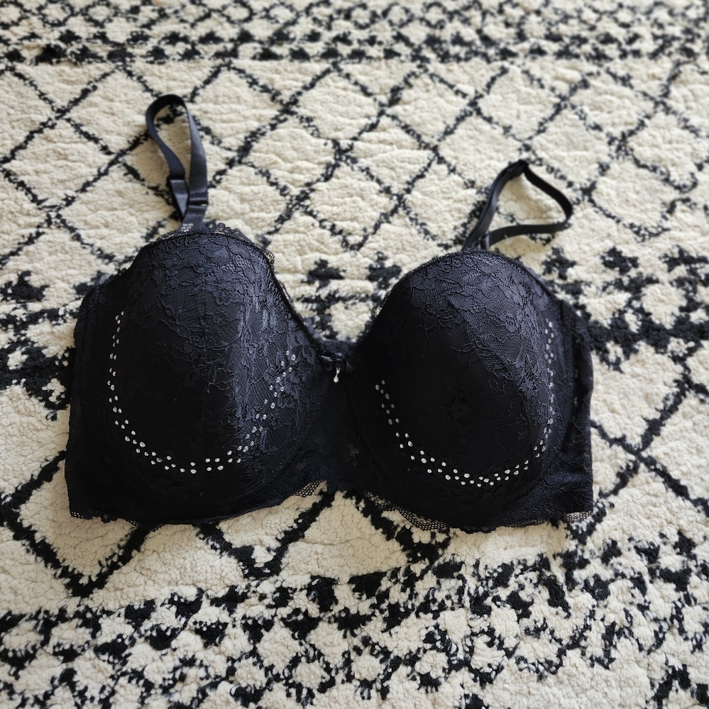 Pure Beauty Rene Refe Black Lace Gem Embellished Bra 44DD